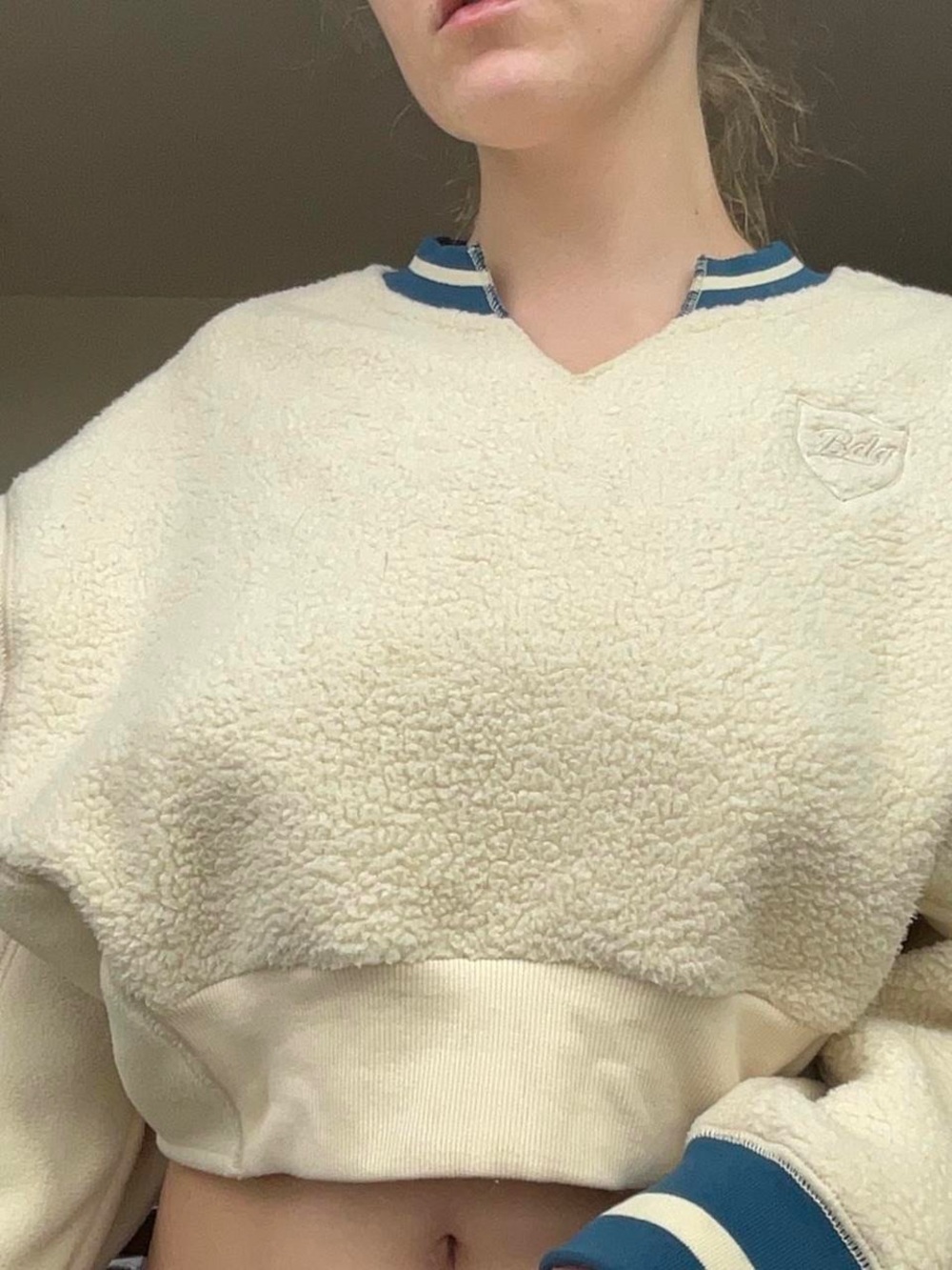 BDG Cream Sherpa V-Neck Sweater with Blue Trim